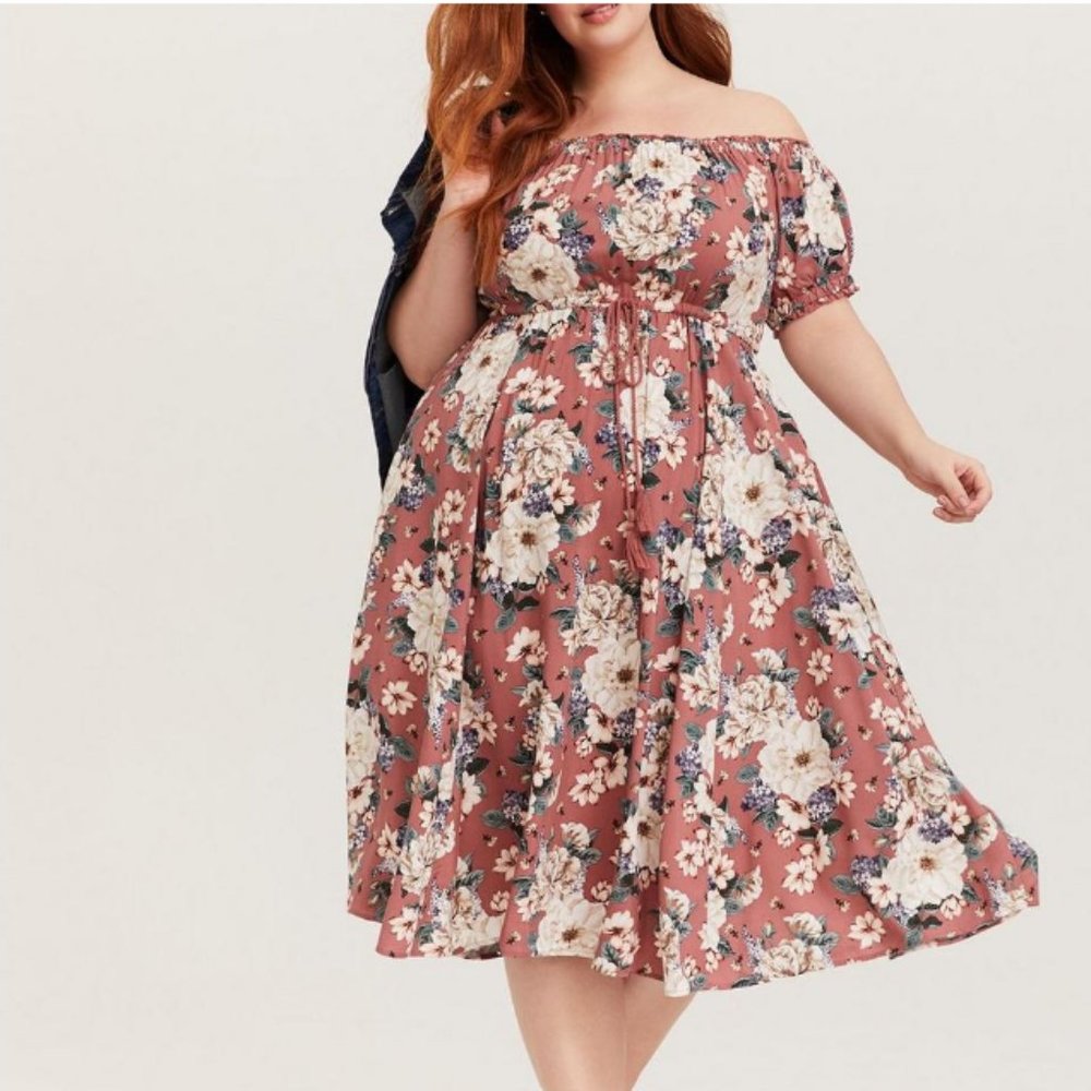 Torrid Midi Challis Rose Floral Off-Shoulder Dress size 1